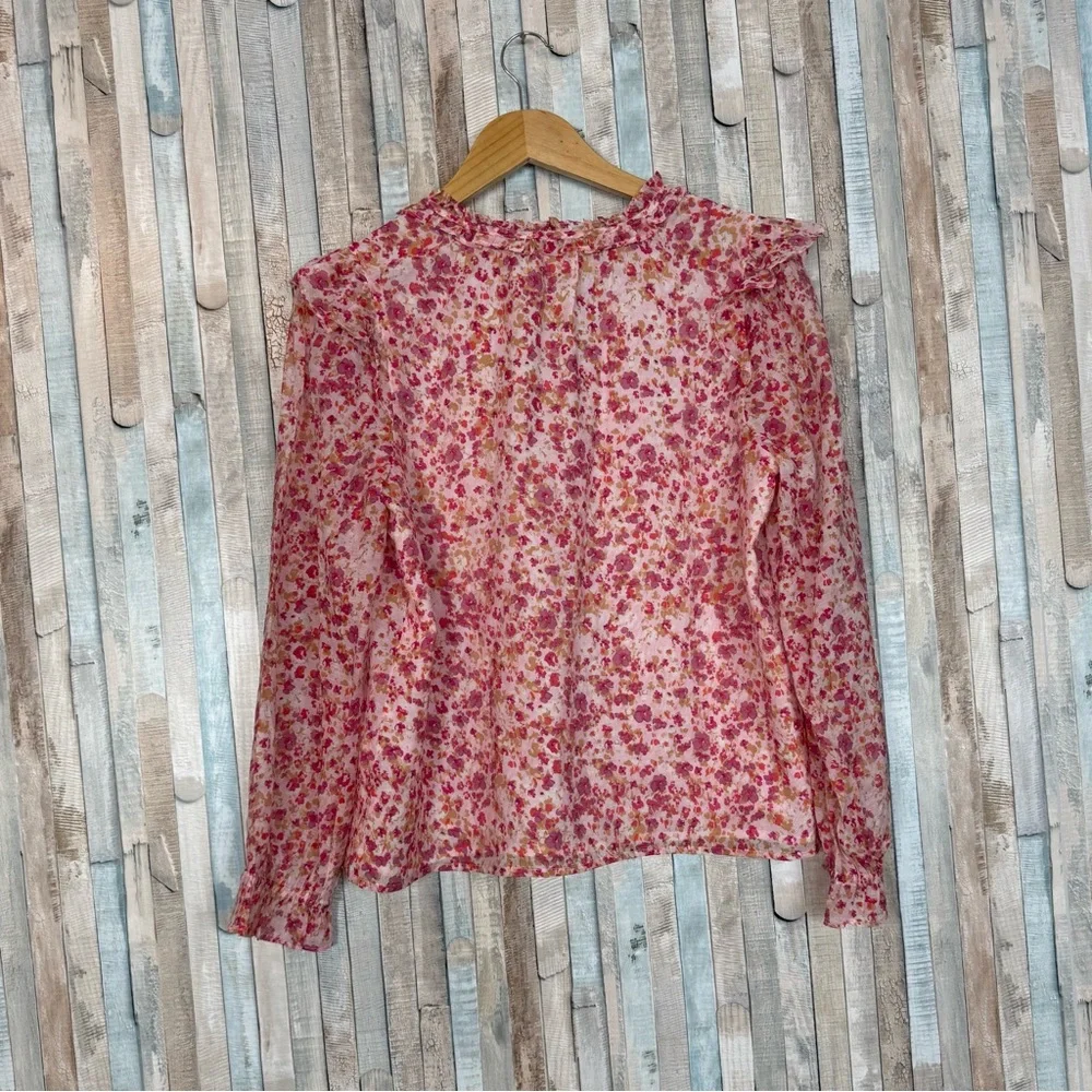 J Crew S Ruffle Collar Top Blouse Pink Ditsy Floral Print Easter Spring Feminine